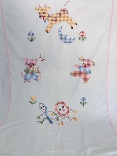 Vintage Baby Bedding Cross Stitch Kawaii Kitsch Hey Diddle Diddle Nursery Rhyme - Thumbnail 6