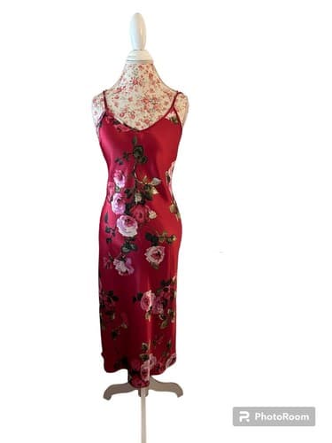 Vintage Slip Dress Lingerie Red & Pink Shiny Criss Cross Back Slippery Satin Y2K - Thumbnail 2