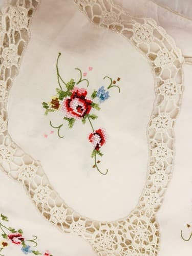 Vintage Large Cream Embroidered Tablecloth Topper Pink Aqua Floral Crochet 64 82 - Thumbnail 3