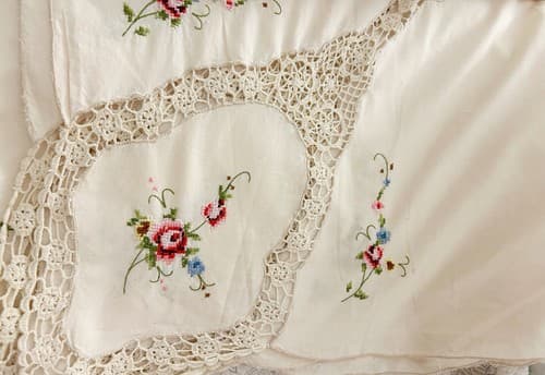 Vintage Large Cream Embroidered Tablecloth Topper Pink Aqua Floral Crochet 64 82 - Thumbnail 2