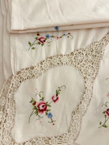 Vintage Large Cream Embroidered Tablecloth Topper Pink Aqua Floral Crochet 64 82 - Thumbnail 6