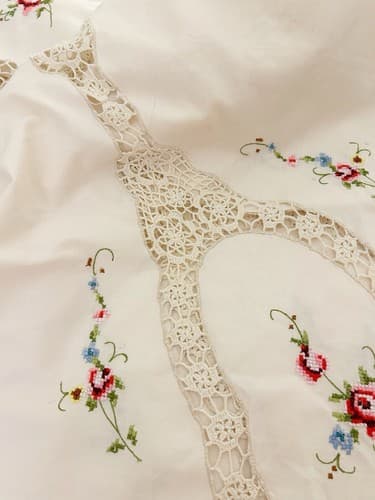 Vintage Large Cream Embroidered Tablecloth Topper Pink Aqua Floral Crochet 64 82 - Thumbnail 5