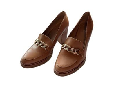Y2K 9.5 BROWN CHUNKY HEEL LEATHER LOAFER SHOE HEELS GOLD CHAIN PRAIRIE PEASANT - Thumbnail 8