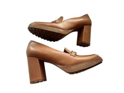 Y2K 9.5 BROWN CHUNKY HEEL LEATHER LOAFER SHOE HEELS GOLD CHAIN PRAIRIE PEASANT - Thumbnail 10