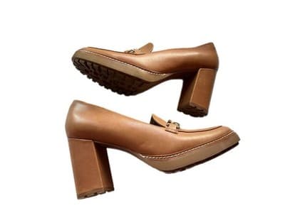 Y2K 9.5 BROWN CHUNKY HEEL LEATHER LOAFER SHOE HEELS GOLD CHAIN PRAIRIE PEASANT - Thumbnail 2