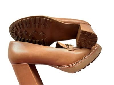 Y2K 9.5 BROWN CHUNKY HEEL LEATHER LOAFER SHOE HEELS GOLD CHAIN PRAIRIE PEASANT - Thumbnail 12