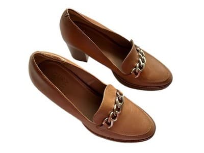 Y2K 9.5 BROWN CHUNKY HEEL LEATHER LOAFER SHOE HEELS GOLD CHAIN PRAIRIE PEASANT - Thumbnail 6