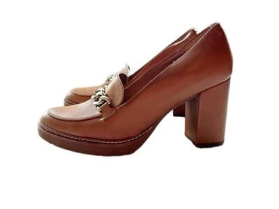 Y2K 9.5 BROWN CHUNKY HEEL LEATHER LOAFER SHOE HEELS GOLD CHAIN PRAIRIE PEASANT - Thumbnail 3