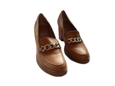 Y2K 9.5 BROWN CHUNKY HEEL LEATHER LOAFER SHOE HEELS GOLD CHAIN PRAIRIE PEASANT - Thumbnail 7