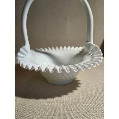 Vintage Fenton Milk Glass Hobnail Ruffled Basket 9.75 in wide 10.5 in tall - Thumbnail 4