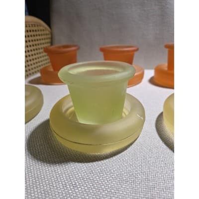 Set of 6 Frosted Glass Candle Holders w/ Inserts & Bases, Orange & Yellow - Thumbnail 2