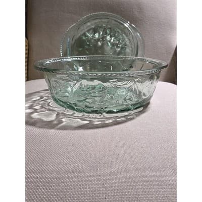 Vintage Libbey Orchard Fruit Green Glass 3 Qt Casserole Dish with Pie Plate Lid - Thumbnail 3