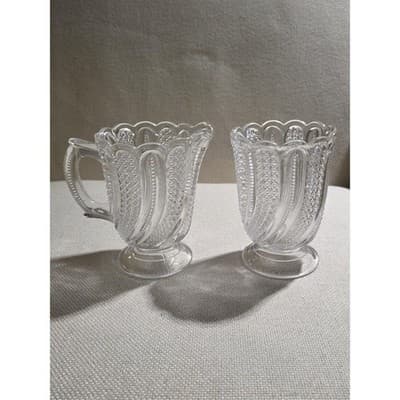Antique EAPG McKee Doric Feather Creamer & Open Sugar Set Manganese UV Glow ASIS - Thumbnail 2