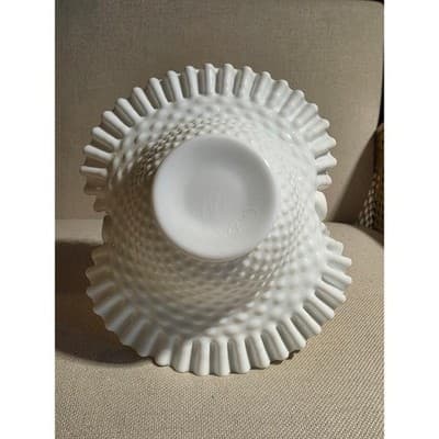 Vintage Fenton Milk Glass Hobnail Ruffled Basket 9.75 in wide 10.5 in tall - Thumbnail 5
