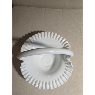 Vintage Fenton Milk Glass Hobnail Ruffled Basket 9.75 in wide 10.5 in tall - Thumbnail 2