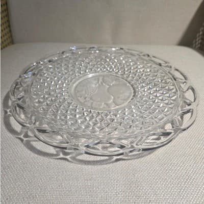 Vintage Imperial Glass Lace Edge 10.5" Sandwich Plate Frosted Fruit Center Clear