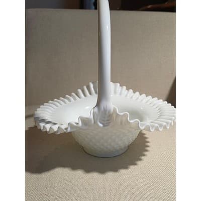 Vintage Fenton Milk Glass Hobnail Ruffled Basket 9.75 in wide 10.5 in tall - Thumbnail 3