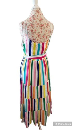 Crown & Ivy Blue Dress 10 Tiered Flowy Babydoll Soft Belted Yellow Pink Preppy - Thumbnail 3