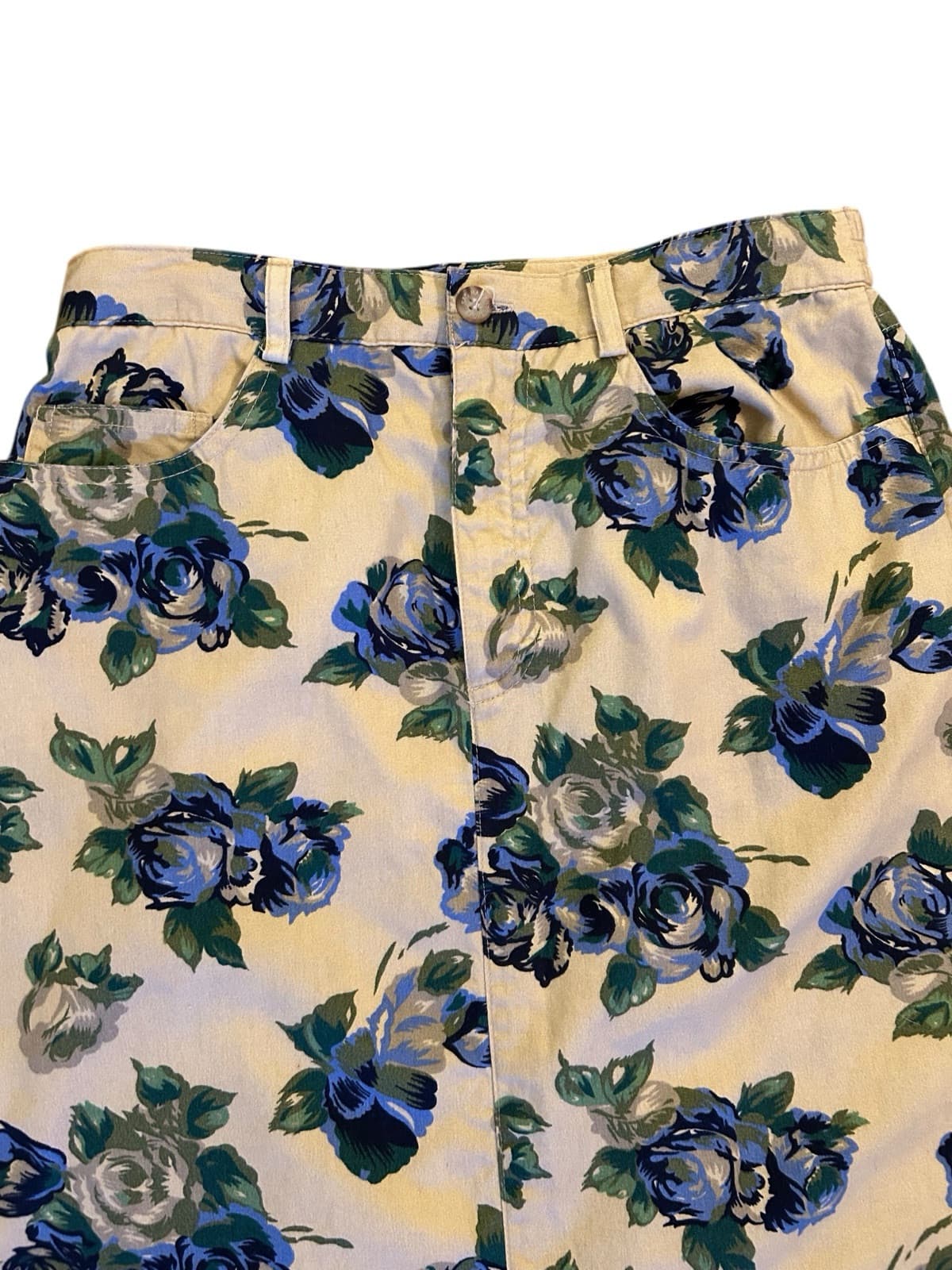 Vintage Long Cotton Floral Skirt Cottage Core Shabby Grunge Blue Roses Floral XS - Thumbnail 2