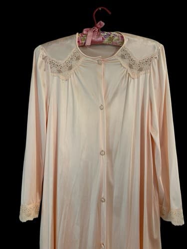 Vintage Pastel Peach Vanity Fair Robe Nylon 1960’s Housecoat Lace Shiny Small - Thumbnail 5