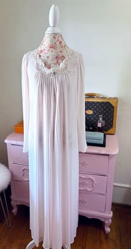 Vintage Shadowline Nightgown Pink Romantic Babydoll Flowy Pearl Rosette Accent S - Thumbnail 2