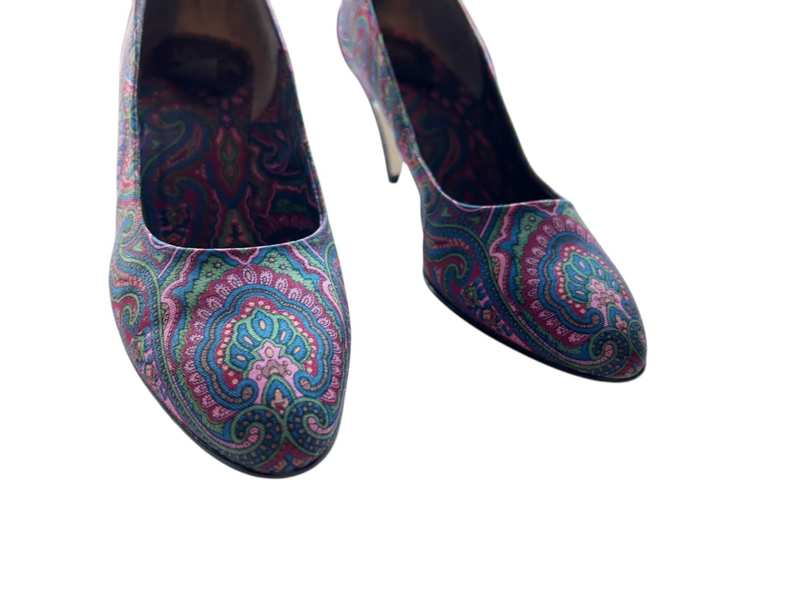 Vintage Women’s Fabric Cotton Shoes Rockabilly 7AA Pink Wine 1980’s Heels Teal - Thumbnail 3
