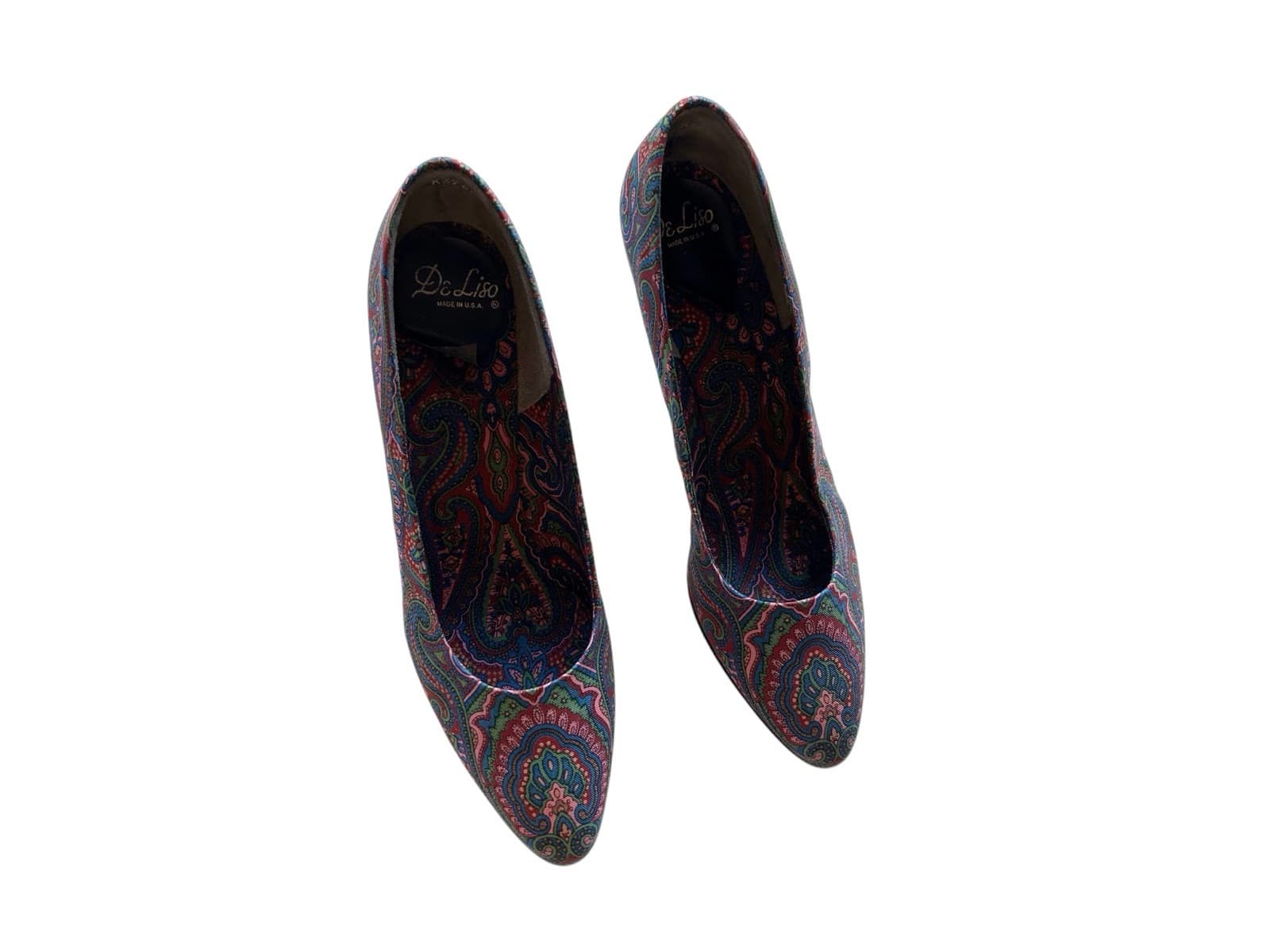 Vintage Women’s Fabric Cotton Shoes Rockabilly 7AA Pink Wine 1980’s Heels Teal - Thumbnail 5