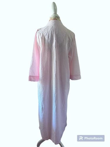 Vintage Pink & Aqua Miss Elaine Embroidered Robe Cotton Blend M Housecoat Zipper - Thumbnail 7