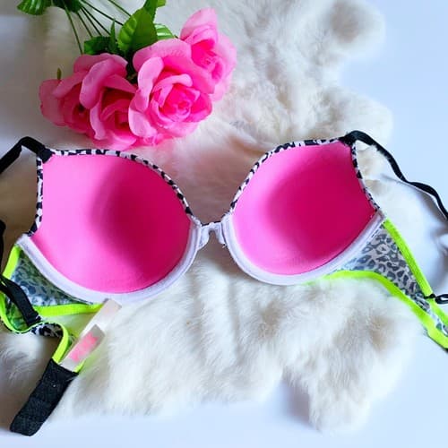 Victoria’s Secret Bra 34C Lime Green Black White Leopard Bralette Lingerie Logo - Thumbnail 3