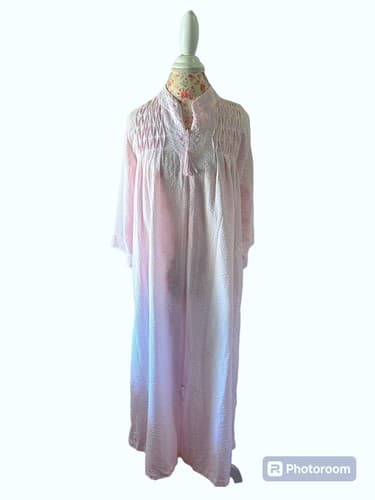 Vintage Pink & Aqua Miss Elaine Embroidered Robe Cotton Blend M Housecoat Zipper - Thumbnail 2