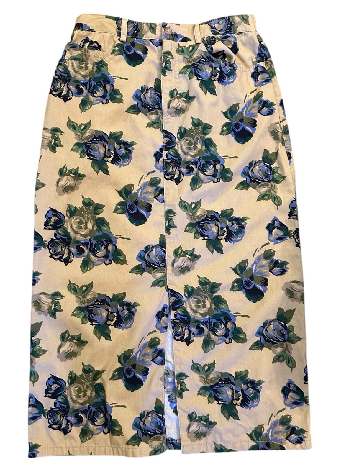 Vintage Long Cotton Floral Skirt Cottage Core Shabby Grunge Blue Roses Floral XS - Thumbnail 3