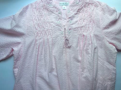 Vintage Pink & Aqua Miss Elaine Embroidered Robe Cotton Blend M Housecoat Zipper - Thumbnail 3