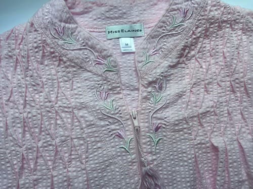 Vintage Pink & Aqua Miss Elaine Embroidered Robe Cotton Blend M Housecoat Zipper - Thumbnail 4