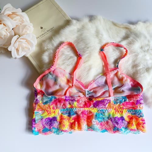 Victoria’s Secret Pink Bralette M Lace Bra Crop Top Lingerie Coral Rainbow Aqua - Thumbnail 2