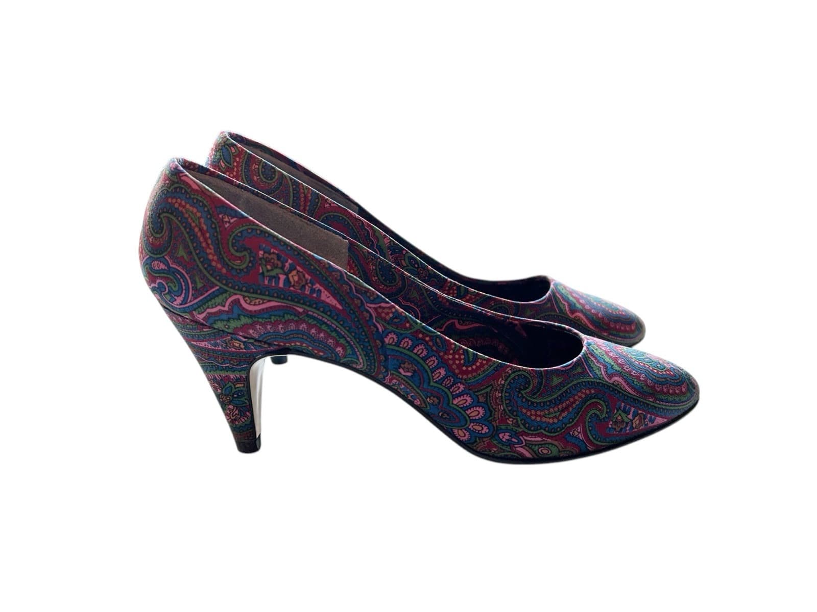 Vintage Women’s Fabric Cotton Shoes Rockabilly 7AA Pink Wine 1980’s Heels Teal - Thumbnail 2
