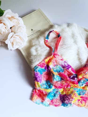 Victoria’s Secret Pink Bralette M Lace Bra Crop Top Lingerie Coral Rainbow Aqua - Thumbnail 4