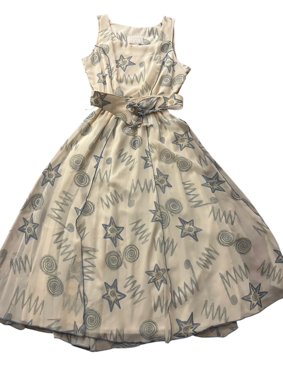 Vintage 3 Piece Belt Dress Jacket 1980’s 1990’s Flowy Set Blue Cream Romantic - Thumbnail 2