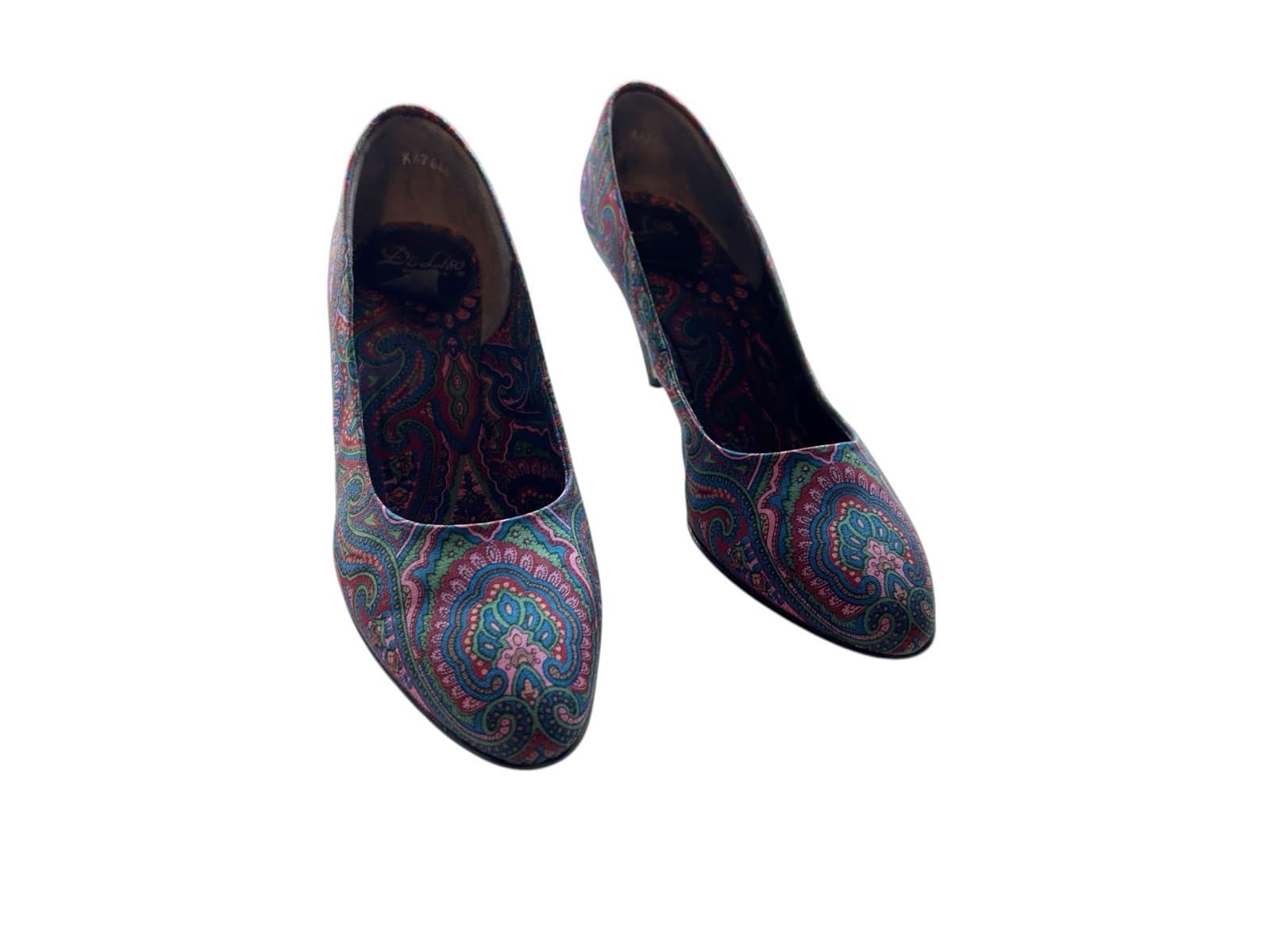 Vintage Women’s Fabric Cotton Shoes Rockabilly 7AA Pink Wine 1980’s Heels Teal - Thumbnail 4