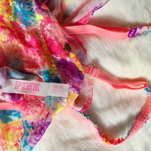 Victoria’s Secret Pink Bralette M Lace Bra Crop Top Lingerie Coral Rainbow Aqua - Thumbnail 3