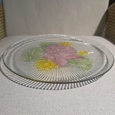 Vintage KIG Malaysia Glass Lotus Platter Water Lily Ribbed Tray 12.5 in - Thumbnail 2