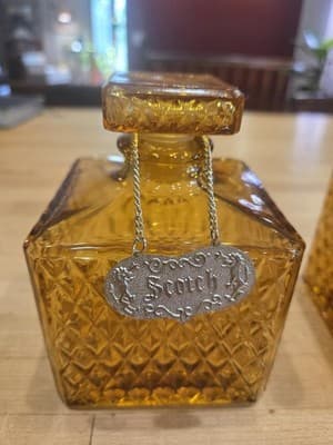 Vintage MCM Amber Glass Diamond Point Decanter Set with Shot Glasses Tags - Thumbnail 3