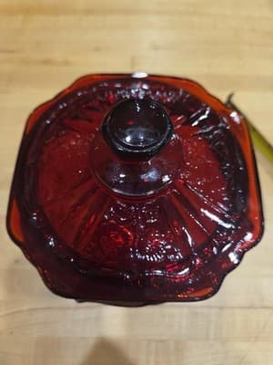 Vintage Amberina Ruby Red Glass Mayfair Open Rose Biscuit Jar Lid 7" UV Glow - Thumbnail 3