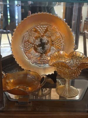 Vintage Imperial Glass Grape Marigold Carnival Glass Ruffled Pedestal Compote - Thumbnail 9