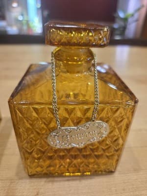 Vintage MCM Amber Glass Diamond Point Decanter Set with Shot Glasses Tags - Thumbnail 2