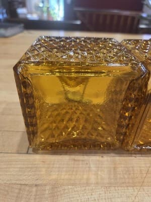 Vintage MCM Amber Glass Diamond Point Decanter Set with Shot Glasses Tags - Thumbnail 6