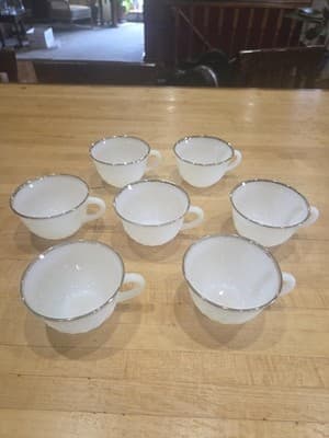 Vintage Fire King White Swirl Gold Rim Milk Glass Teacups Set of 7 - Thumbnail 3
