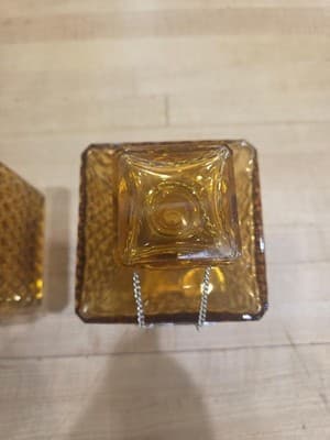 Vintage MCM Amber Glass Diamond Point Decanter Set with Shot Glasses Tags - Thumbnail 4