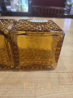 Vintage MCM Amber Glass Diamond Point Decanter Set with Shot Glasses Tags - Thumbnail 5