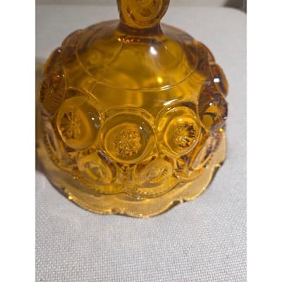 Vintage LE Smith Amber Glass Moon and Stars Flared Pedestal Compote Bowl 7.5" - Thumbnail 4