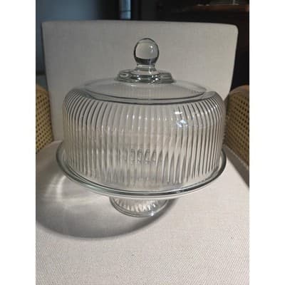 Vintage Anchor Hocking Monaco 2 in 1 Ribbed Glass Cake Stand Dome Punch Bowl Set - Thumbnail 2